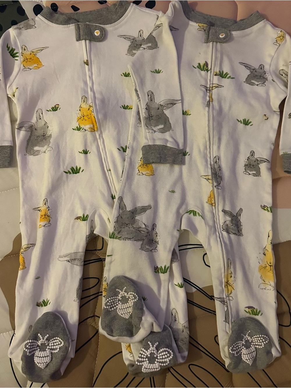 Burt's Bees Baby White Bunny Footed Pajamas with Gray & Yellow Accents ONE